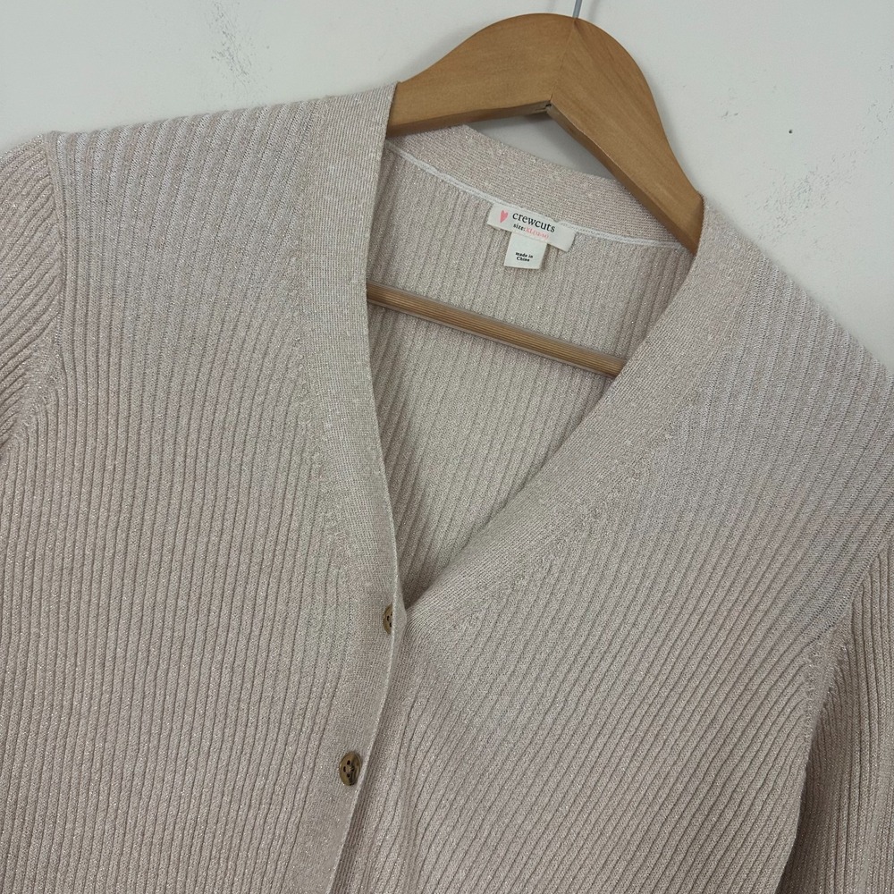 Crewcuts Sparkle Cardigan Sweater Beige Ribbed Knit Cotton V-Neck Girls XL 12-14